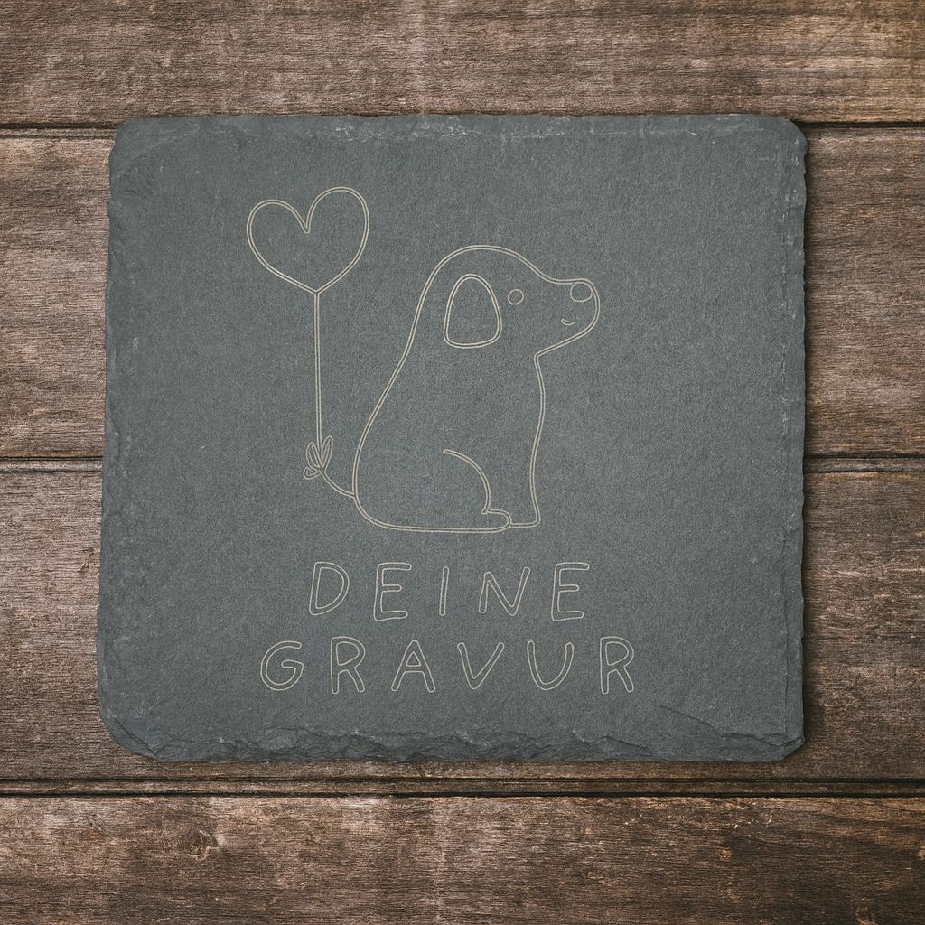 Schiefer-Untersetzer - Hund mit Herzballon / Deine Gravur - NordLaserWerk