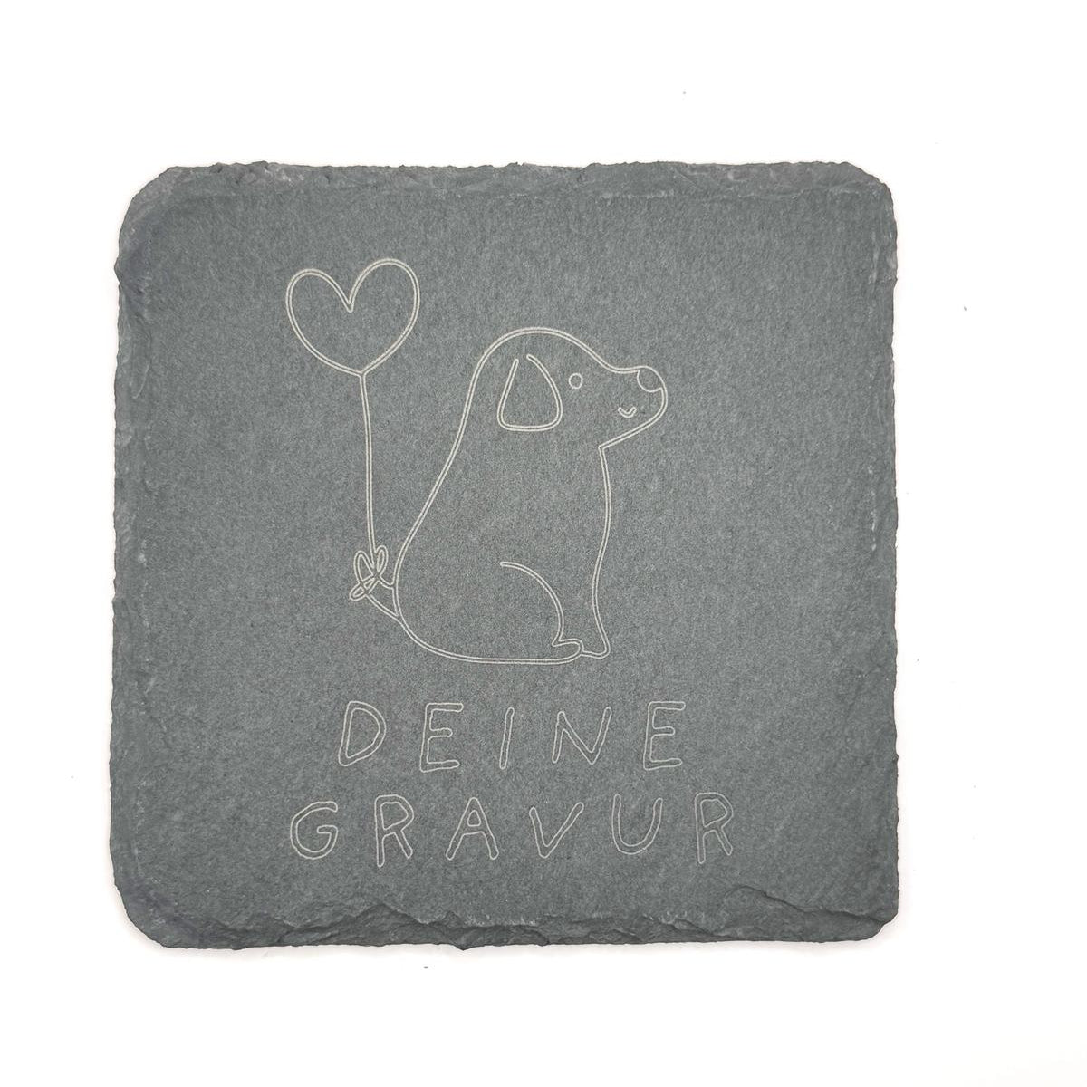 Schiefer-Untersetzer - Hund mit Herzballon / Deine Gravur - NordLaserWerk
