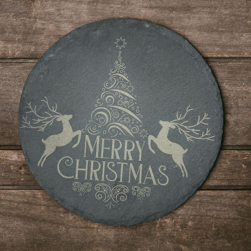 4er-Set Schiefer-Untersetzer - Merry Christmas rund - NordLaserWerk